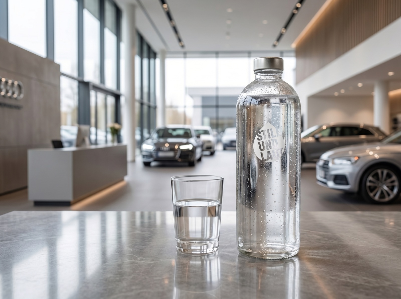 STILLUNDLAUT Tafelwasser im Showroom eines Autohauses