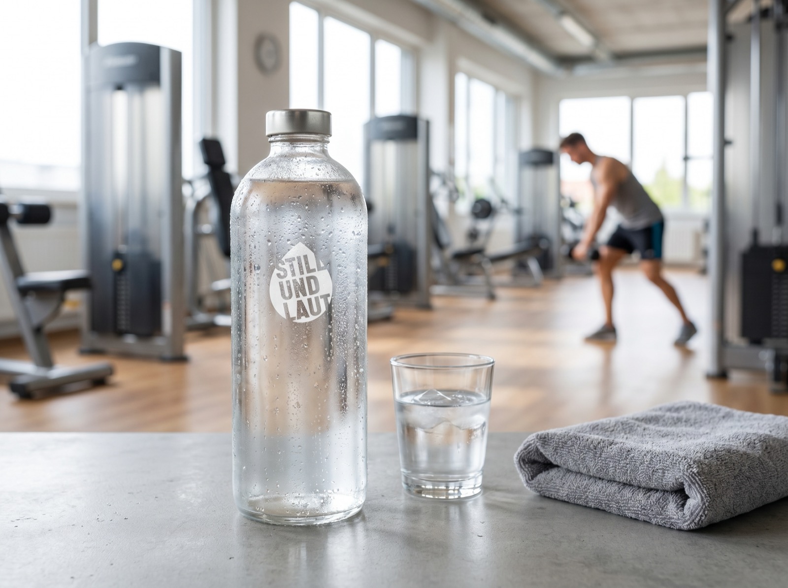 STILLUNDLAUT Tafelwasser-Flasche im modernen Fitnessstudio