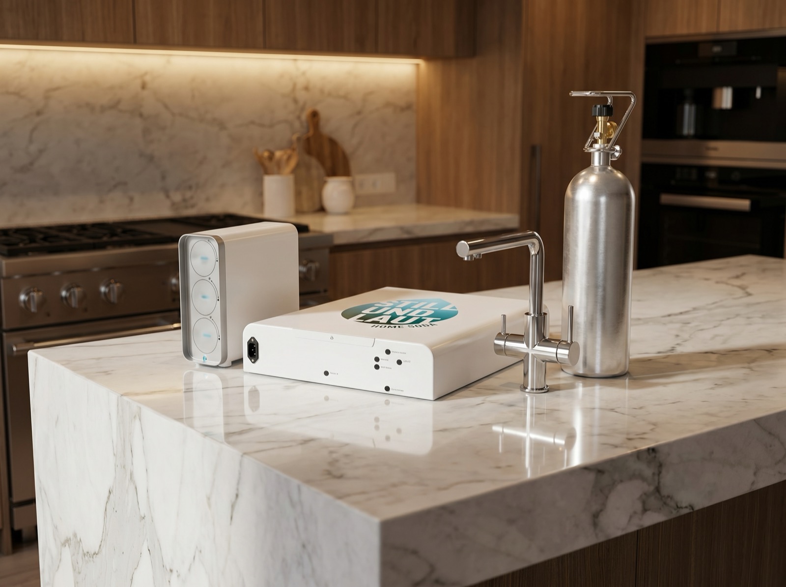 STILLUNDLAUT Home Soda – Untertischgerät, Filter und CO₂-Zylinder auf einer Marmor-Kücheninsel