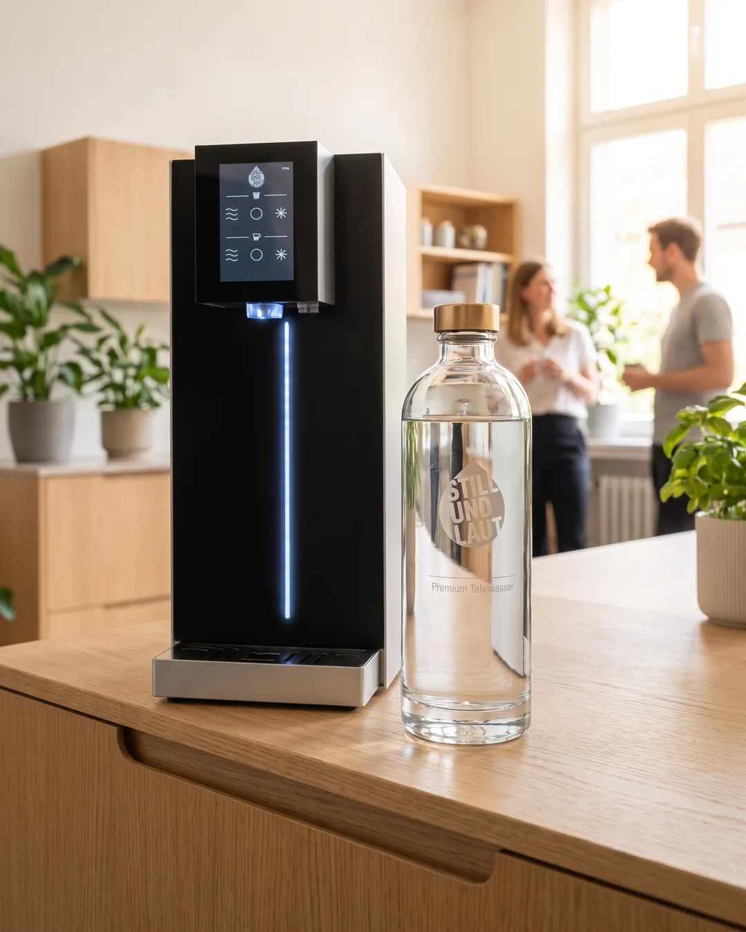 STILLUNDLAUT Wasserspender neben gravierter Premium-Tafelwasser-Flasche im Büro